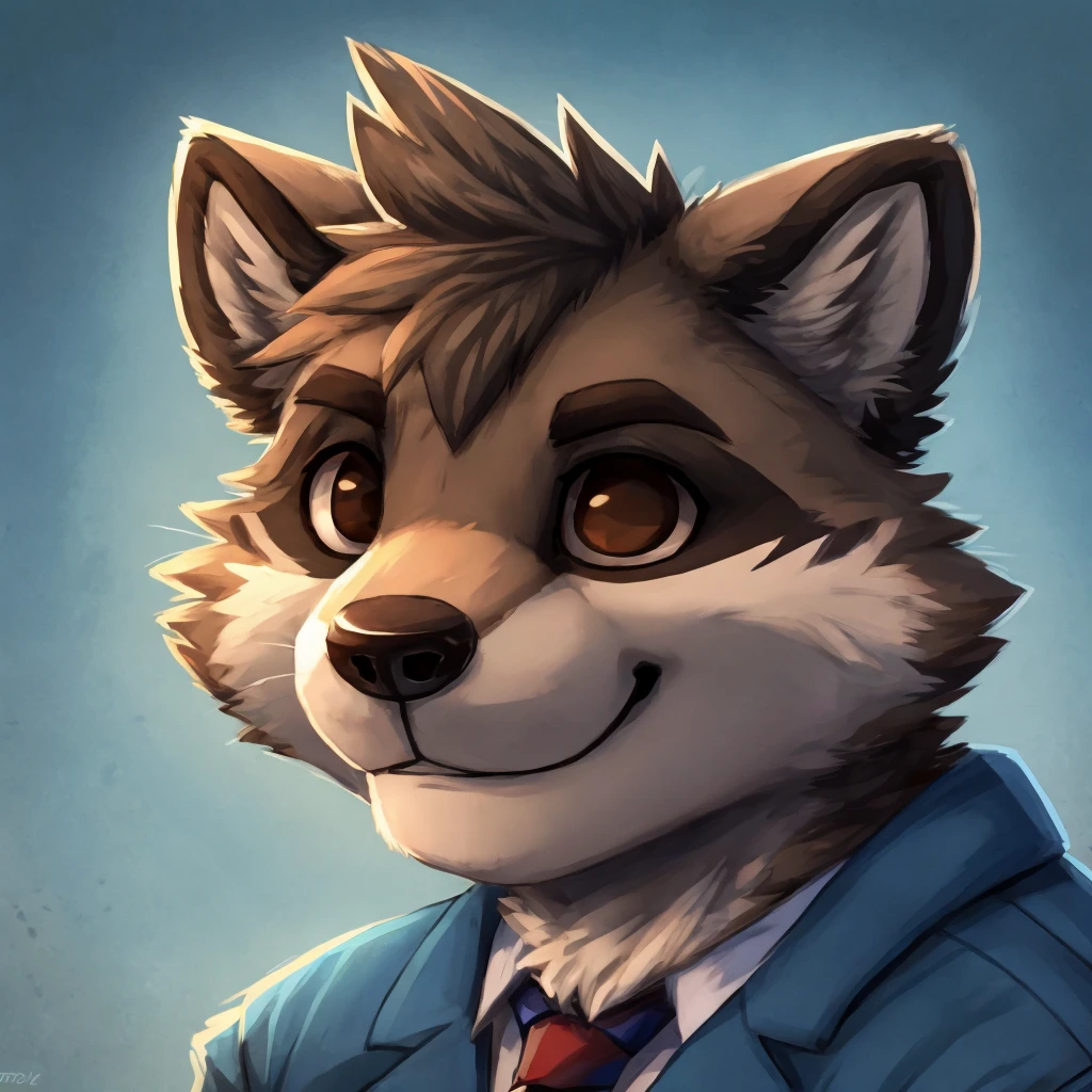 headshot of a grey anthropomorphic raccoon, closed smile, brown eyes, he's dressed with a blue jacket, high quality furry art, high quality fursona ref.