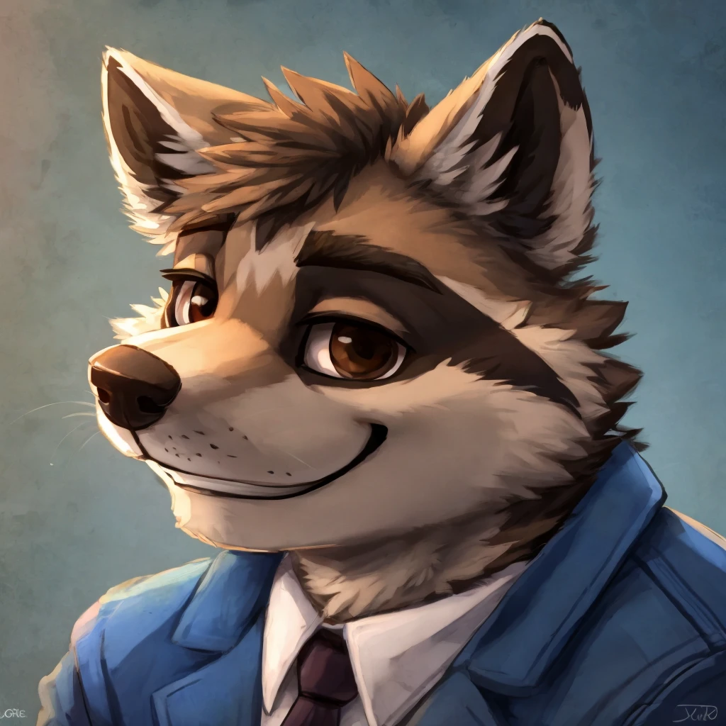 headshot of a grey anthropomorphic raccoon, closed smile, brown eyes, he's dressed with a blue jacket, high quality furry art, high quality fursona ref.