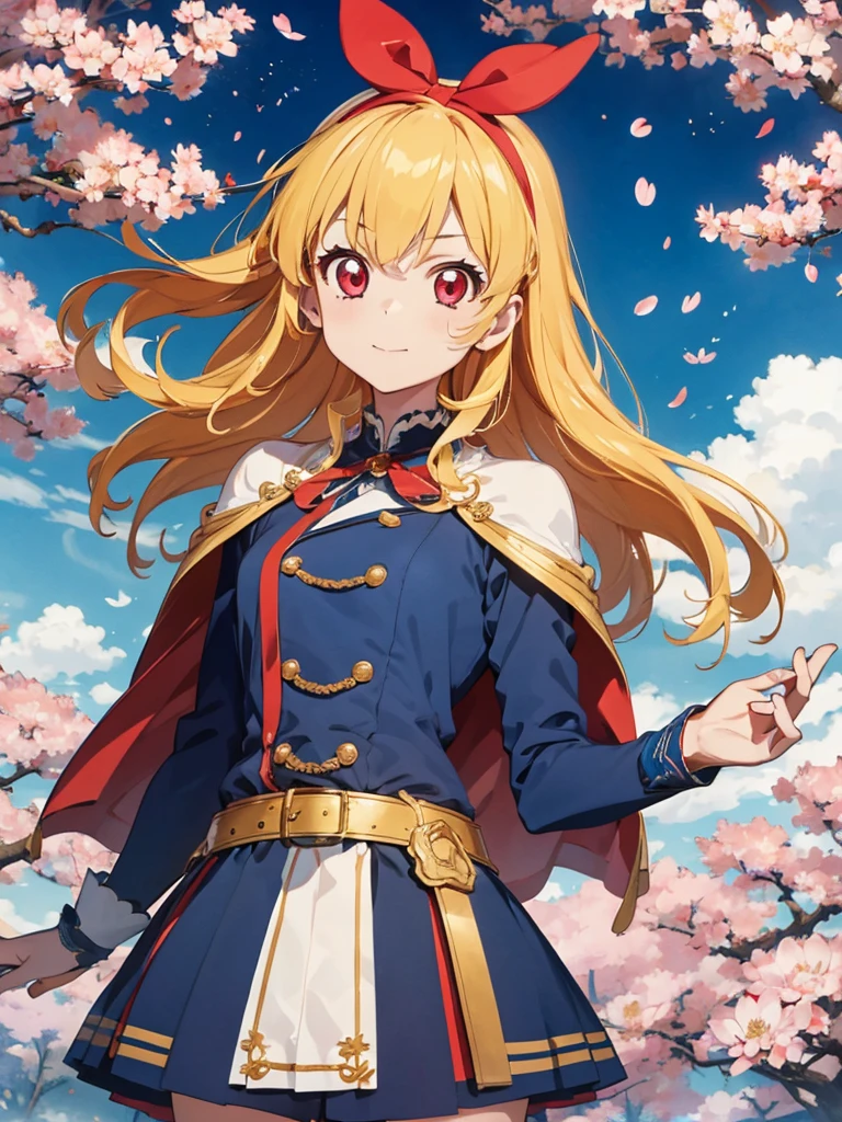 Solitary, 1 girl, Keep, arms, , sword, cape, armor, warrior刀, helmet, Gloves, sheath, japanese armor:1.5, armor:1.5, warrior:1.5，Cherry Blossoms，Cherry blossom petals flying background（（（masterpiece）））， （（best quality））， （（Intricate details））（8K）,hoshimiya ichigo,