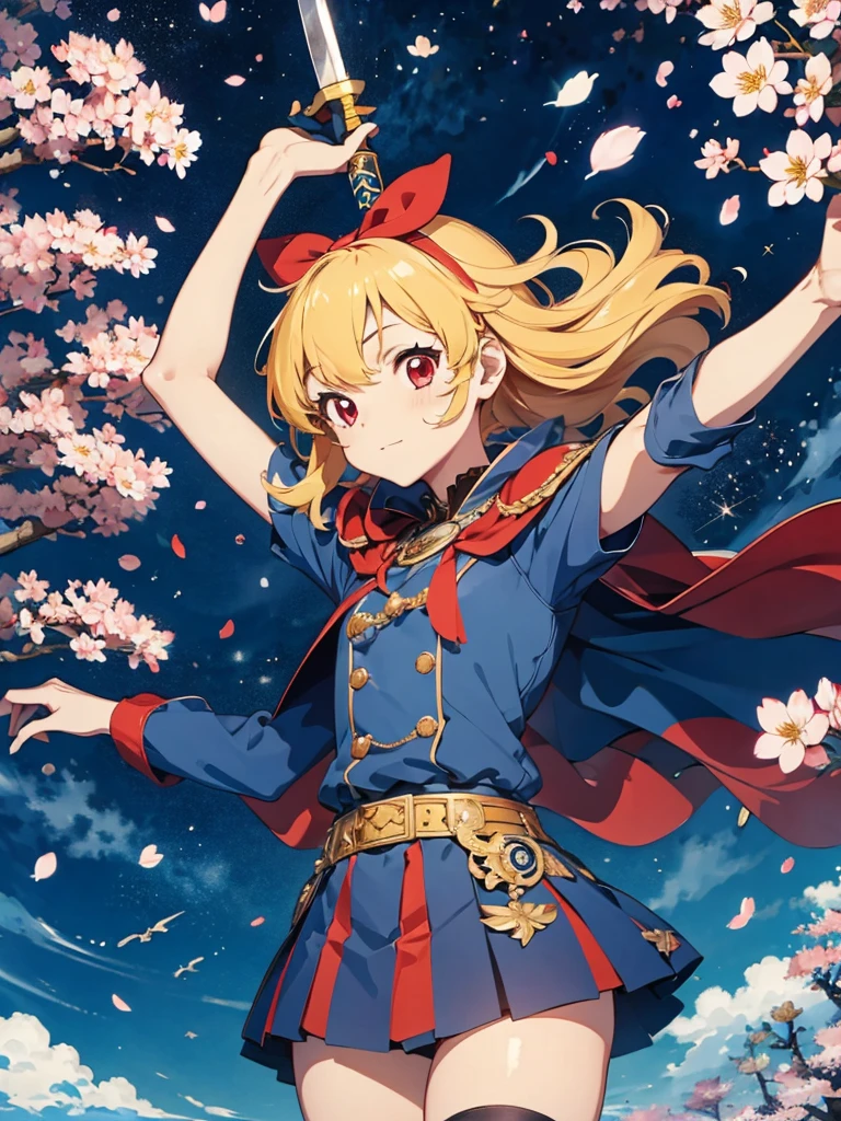 Solitary, 1 girl, Keep, arms, , sword, cape, armor, warrior刀, helmet, Gloves, sheath, japanese armor:1.5, armor:1.5, warrior:1.5,Cherry Blossoms,Cherry blossom petals flying background(((masterpiece))), ((best quality)), ((Intricate details))(8K),hoshimiya ichigo,