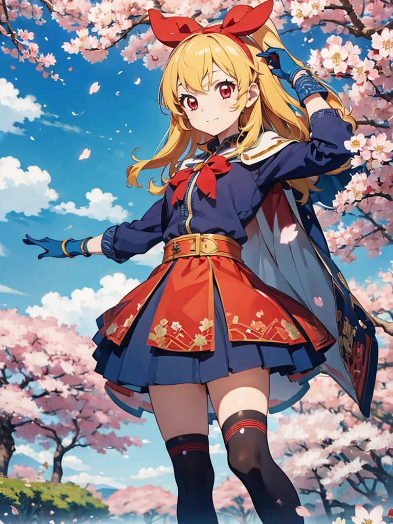Solitary, 1 girl, Keep, arms, , sword, cape, armor, warrior刀, helmet, Gloves, sheath, japanese armor:1.5, armor:1.5, warrior:1.5，Cherry Blossoms，Cherry blossom petals flying background（（（masterpiece）））， （（best quality））， （（Intricate details））（8K）,hoshimiya ichigo,