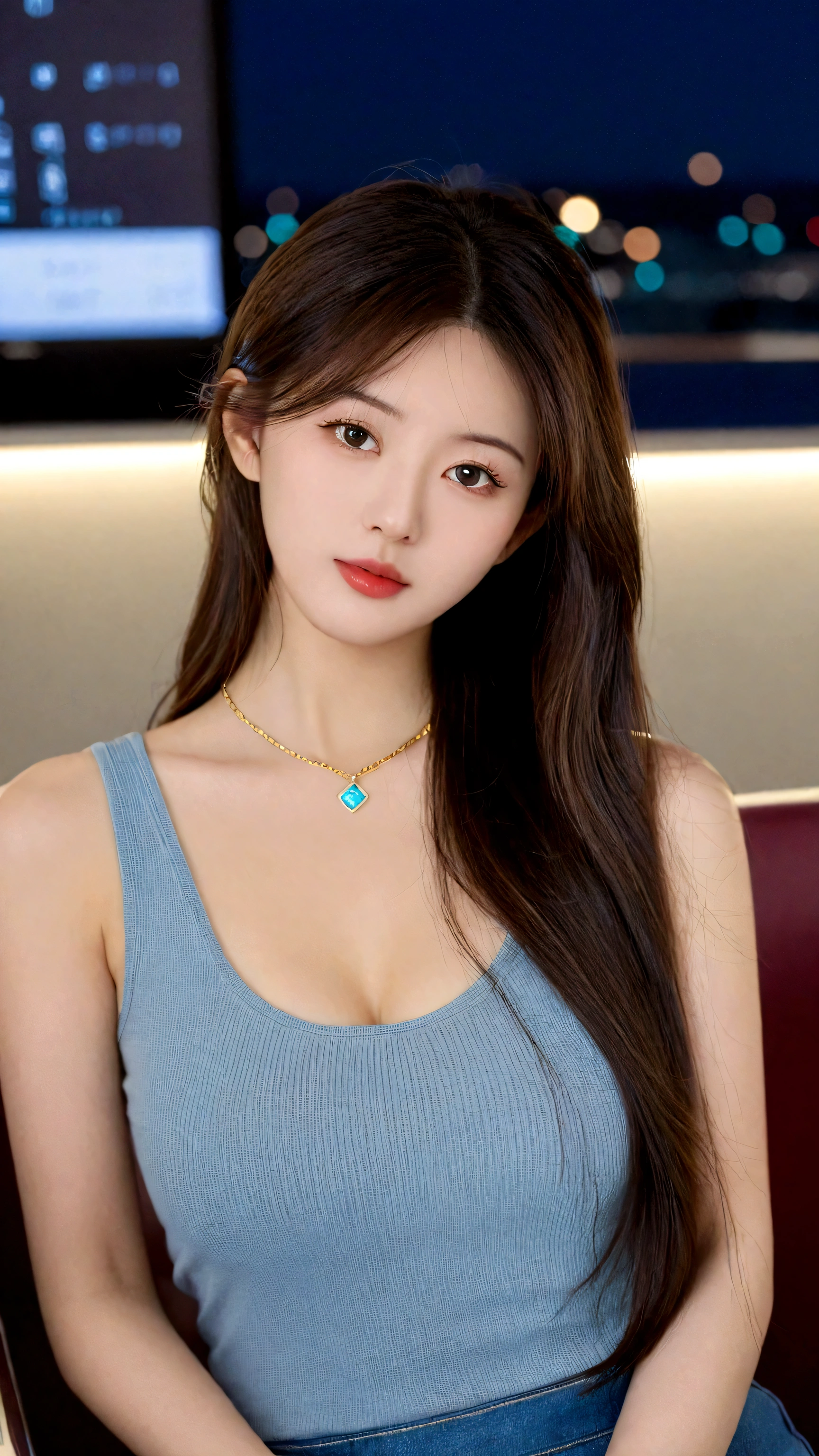 extreme close-up of beautiful Chinese female, big nose, straight hair, 38 inch breasts size, necklace, wearing fitting tank top, sitting in terminal lounge, bokeh background, UHD