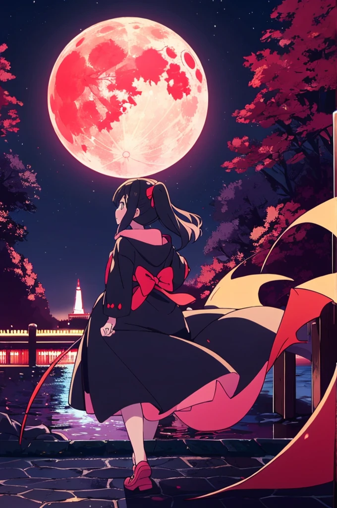 A girl walks in the dead of night。A huge bat rushed from above。Rainbow at night。Red Moon