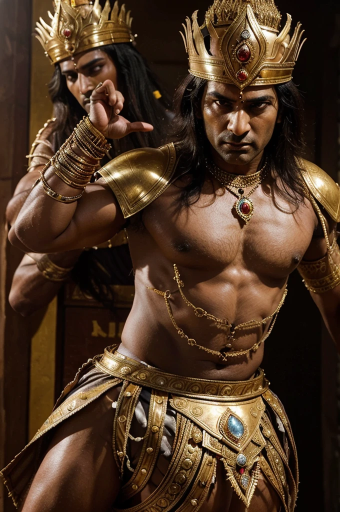 best quality, high_resolution, distinct_image, detailed background,malalayalam actor Prithviraj Sukumaran, with his chiseled features and intense gaze, brings to life the character of Karnan, the powerful warrior from the Mahabharata. He wears a regal costume, adorned with armor and a golden crown, symbolizing Karnan's status as the king of Anga. His expression exudes a sense of pride, honor, and determination, reflecting Karnan's complex and multifaceted personality.

