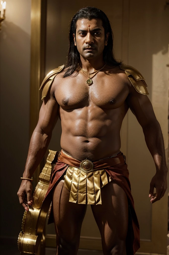 best quality, high_resolution, distinct_image, detailed background,malalayalam actor Prithviraj Sukumaran, with his chiseled features and intense gaze, brings to life the character of Karnan, the powerful warrior from the Mahabharata. He wears a regal costume, adorned with armor and a golden crown, symbolizing Karnan's status as the king of Anga. His expression exudes a sense of pride, honor, and determination, reflecting Karnan's complex and multifaceted personality.

