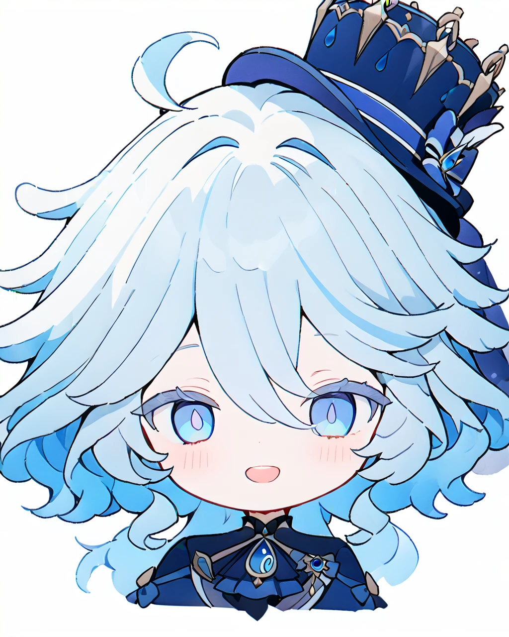 masterpiece,best quality,1 Girl, Forrina \(Genshin Impact\), Genshin Impact, Hair whorl, top hat, Blue Jacket, Blue Ascot, Blue brooch, end, Simple background, open mouth, Blue headdress, Striped hair, Upper teeth only, Solitary, Long hair, Light blue hair, White background, Smile, White hair, Ahog, mismatched gloves, White gloves, Long sleeve, Hair between the eyes, Blue Gemstone,chibi，Cartoon，Funina，