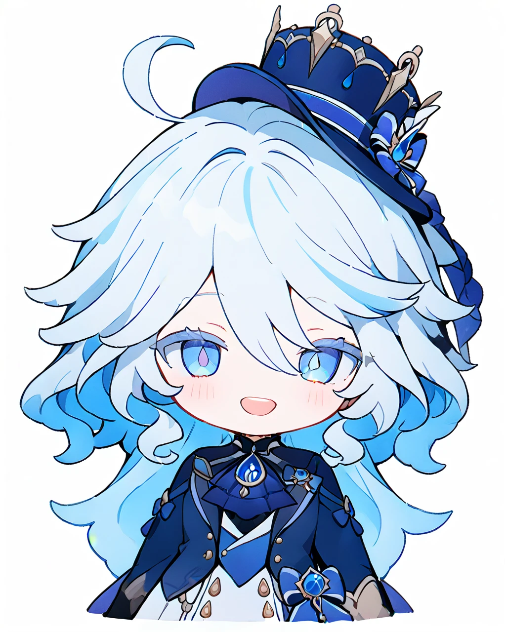 masterpiece,best quality,1 Girl, Forrina \(Genshin Impact\), Genshin Impact, Hair whorl, top hat, Blue Jacket, Blue Ascot, Blue brooch, end, Simple background, open mouth, Blue headdress, Striped hair, Upper teeth only, Solitary, Long hair, Light blue hair, White background, Smile, White hair, Ahog, mismatched gloves, White gloves, Long sleeve, Hair between the eyes, Blue Gemstone,chibi，Cartoon，Funina，