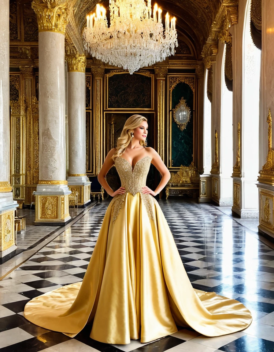 A blonde woman in an elegant ball gown, standing in a grand palace with opulent decor and royal furnishings.