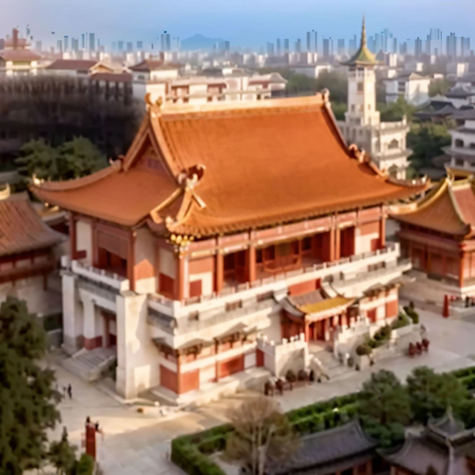 arafed view of a large building with a red roof and a tower, chinese building, guangjian, chinese architecture, ancient chinese architecture, shan shui, shui mo hua, chinese temple, buddhist temple, sha xi, tang dynasty palace, hou china, jin shan, full - view, chinese palace, hua cheng, tang mo, pavilion, buddhist architecture, traditional chinese