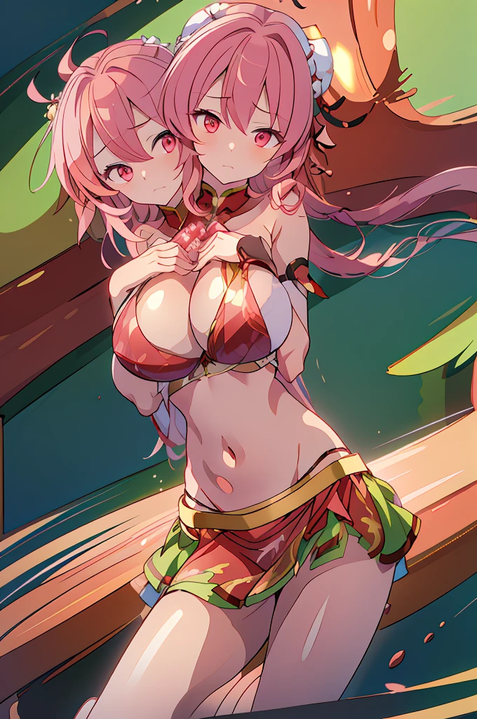 (masterpiece, best quality), best quality, (ultra-detailed), (3heads:1.5), 1girl, (ibaraki kasen:1.3), masterpiece, best quality, ultra quality, ultra resolution, ultra detail, white top, crop top, ((stomach)), midriff, ((groin)), green skirt, normal ears, shackles, pink hair, very long hair, wavy hair, sidelocks, red eyes, parted lips, bandaged right arm, sweat, cute, toned belly, hand on own chest, eyelashes, (24 year old woman:1.3), (masterpiece:1.5), (best quality:1.5), (beautiful detailed), extremely detailed CG, extremely delicate and beautiful, depth of field, (finely detailed face), (perfect details:1.2), (mature female:1.3), wide pelvis, slender, large veiny breast, 16k resolution, highres, very high quality, very high definition, extremely detailed, masterpiece, pink hair, long hair, alluring presence, braid, short skirt, close up, very big tits, huge tits, young, shoulder-length hair, Chinese-styled buns, hair bun, double bun,