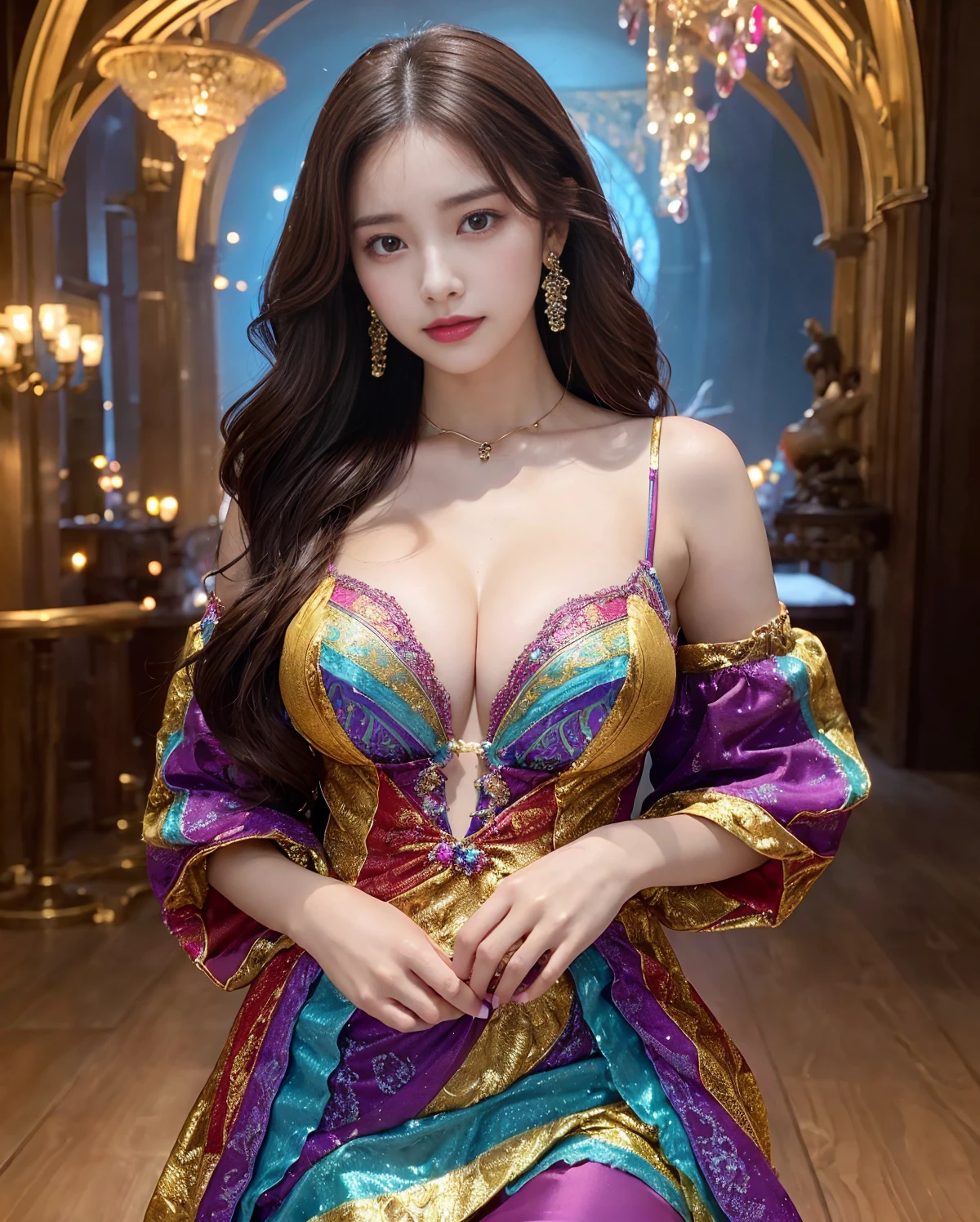 (((masterpiece))), Ultra-high resolution, (8K), (((Looks super realistic))), Highest quality, Ultra fine, ((Anatomically correct)), Cinematic lighting, (Super beautiful sexy 29 year old woman), ((Only one person)), Oval Face, Beautiful Face, smirk, Natural Makeup, Detailed big eyes, double eyelid, Detailed eyebrows, Thick lips, ((long wavy hair:1.1)), ((dark brown hair color:1.1)), Detailed skin texture, Glowing Skin, (Alluring large breasts:1.3), Perfect and beautiful body, Seductive big ass, Detailed and perfectly fitted outfit, (((Colorful enchanting dresses))), Fascinating Necklace, Fascinating earrings,
