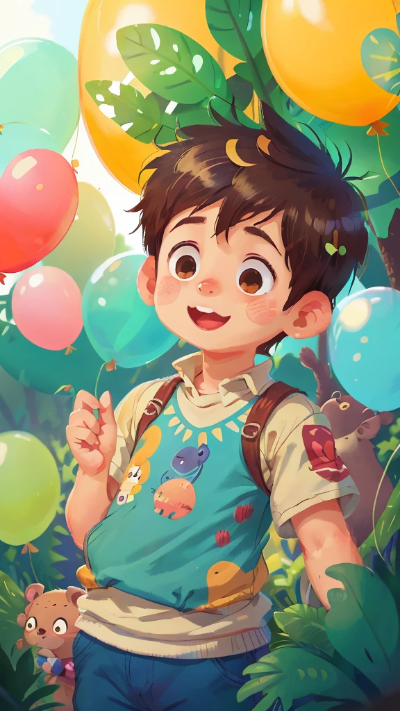 A boy, zoo, many balloons, happy, happy, perfect quality, clear focus (clutter - home: 0.8), (masterpiece: 1.2) (realistic: 1.2) (bokeh) (best quality) (detailed skin: 1.3) (intricate details) (8K) (detail eyes) (sharp focus), (happy)