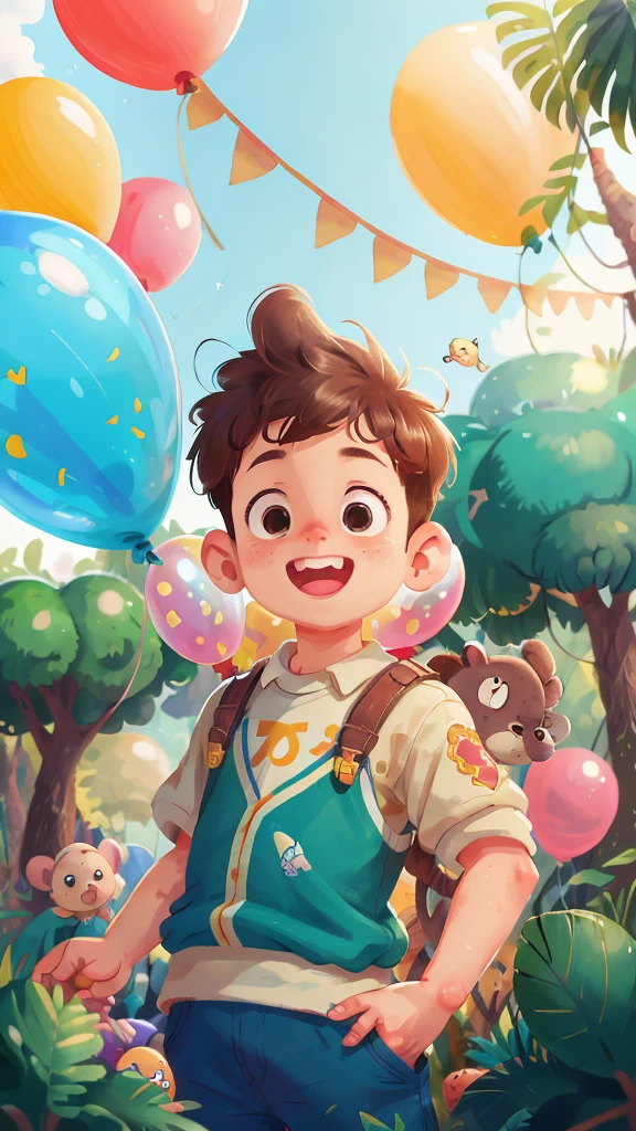 A boy, zoo, many balloons, happy, happy, perfect quality, clear focus (clutter - home: 0.8), (masterpiece: 1.2) (realistic: 1.2) (bokeh) (best quality) (detailed skin: 1.3) (intricate details) (8K) (detail eyes) (sharp focus), (happy)