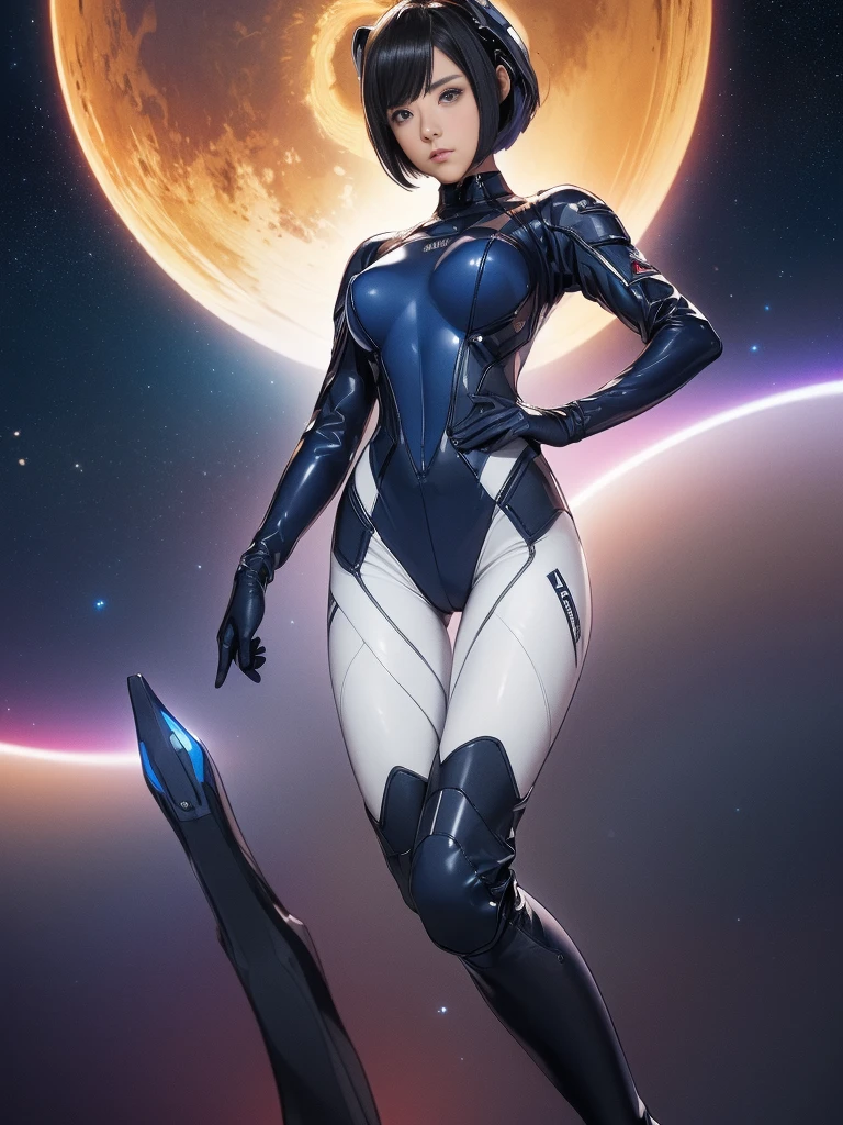 (masterpiece、highest quality、highest resolution、clear_image、Detailed details): (full body figure、15 year old girl、Japanese face、small face、thin、navy blue super short bob cut hair、blue colored eyes、((navy long sleeve space suit、space helmet))、headset、cosmic handbag、cute type、gentle smile、soft expression、headset、(((knee high boots)))、gloves up to the elbow、eye level shot、face directly、woman on a spaceship), (((camel toe))), ((Pure white leotard))