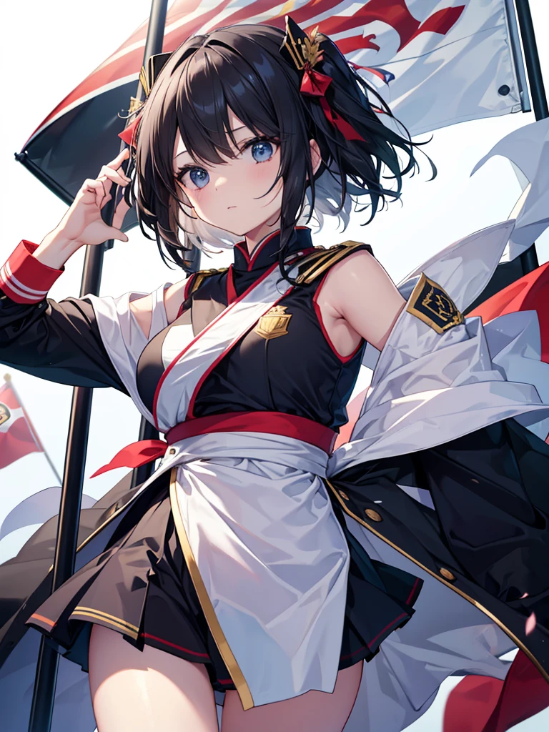 A beautiful girl skillfully manipulates the marching band flags、White background、Dynamic Flag Background、The flag is black with Kinu's flower embroidery, and it looks really cool.、whole body、Marching Band Uniforms、Knee-high boots、whole body、detailed、