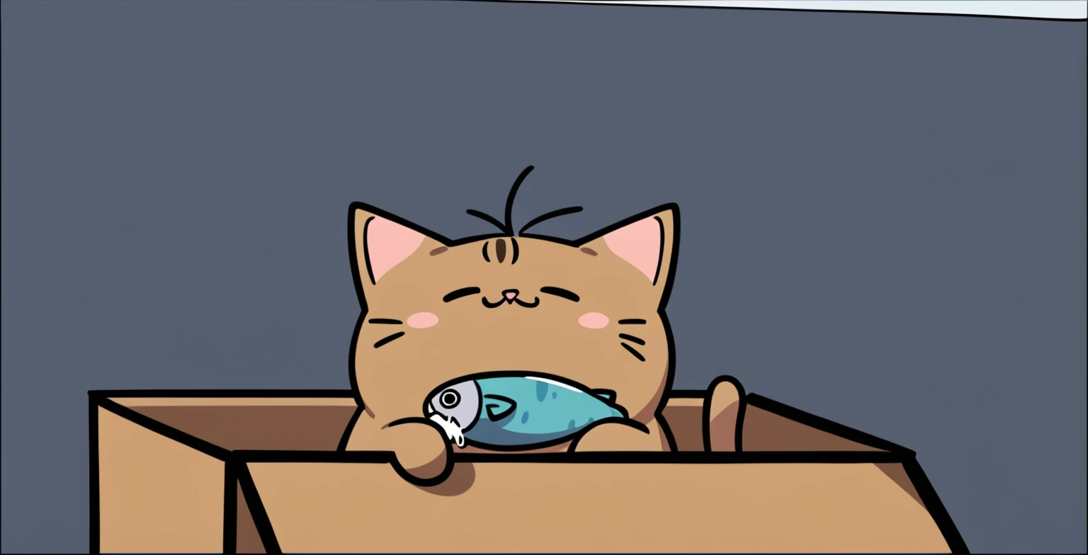 cartoon cat in a box with a fish in its mouth, anime cat, cat eating, fat chibi grey cat, kawaii cat, anime visual of a cute cat, style of pusheen. comic, chibi, fat cat