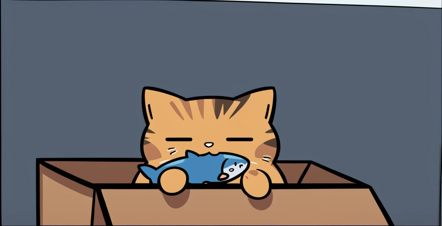 cartoon cat in a box with a fish in its mouth, anime cat, cat eating, fat chibi grey cat, kawaii cat, anime visual of a cute cat, style of pusheen. comic, chibi, fat cat