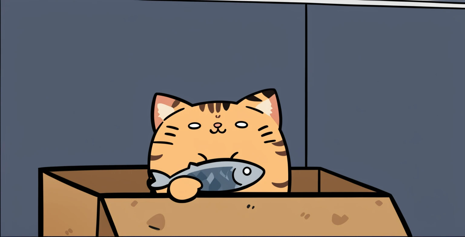 cartoon cat in a box with a fish in its mouth, anime cat, cat eating, fat chibi grey cat, kawaii cat, anime visual of a cute cat, style of pusheen. comic, chibi, fat cat