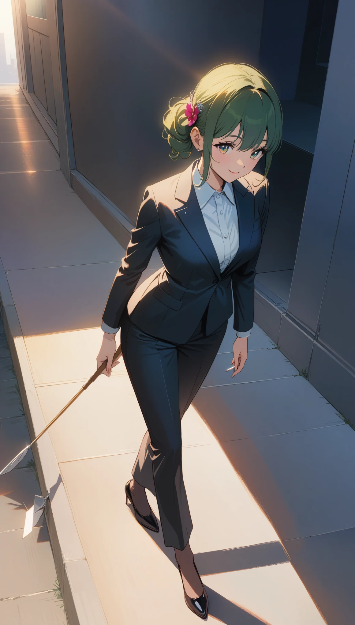 Ibuki Mita /(On the broken projectile/), Bank Super Detail, masterpiece, illustration, 8K, masterpiece, Realistic shadows, slope, Volumetric Lighting, Lovely, Ambient Lighting, Cowboy shooting, rich and colorful, Beautiful and delicate eyes 1girl, Solitary, (Original costume), Smile, {Office Background}, Formal suit
