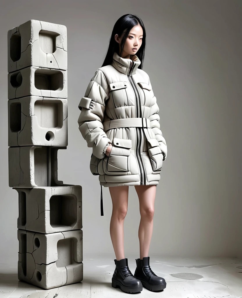 Hybrid Aesthetic Inflatable Jacket,Combined with the aesthetic of cinder block/Concrete and Carpentry/repair. Destroyed and with holes. Wrapped with steel bars. Block. Soft inflatable concrete set with many inflatable pockets,With wooden decoration. The garment should tell a story of use and decay. This dress was supposedly inspired by designer Rick Owens, high fashion model