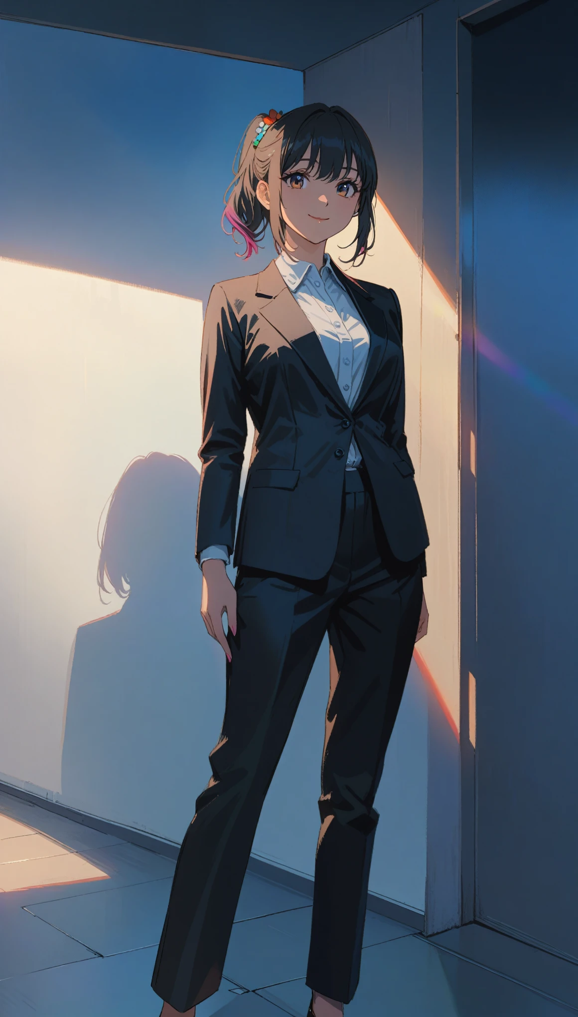 Ibuki Mita /(On the broken projectile/), Bank Super Detail, masterpiece, illustration, 8K, masterpiece, Realistic shadows, slope, Volumetric Lighting, Lovely, Ambient Lighting, Cowboy shooting, rich and colorful, Beautiful and delicate eyes 1girl, Solitary, (Original costume), Smile, {Office Background}, Formal suit