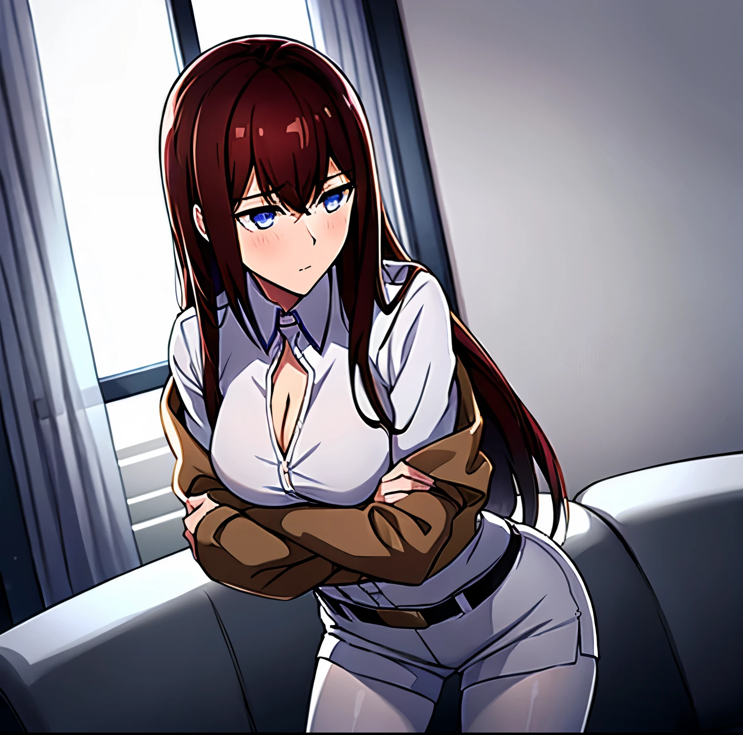 ((1 girl)),((single)), makise kurisu,((Extremely detailed CG unity 4k wallpaper)),(Masterpiece),(ultra quality),(Ultra detailed),(high illustration),( best shadow),(extremely detailed),(best resolution),(absurdity),(detailed background),(dynamic pose),(cowboy shot),medium breasts, narrow waist, wide hips, medium thighs, round butt, hair reddish brown, long, violet blue eyes, serious face, stoic expression, blushing, small smile, , Beautiful detailed eyes, looking at viewer, suductive gaze, khaki jacket, thigh-high, white dress shirt, tight shirt, ((cleavage)), black_white belts on arms, white shirt, black pants, tight shorts, belt white, black tights pantyhose, nail polish,((only)), closed mouth, Backlit,((standing:1.4 in, sofa, apartment, room, living room, window, urban background, night, city lights, thinking in the future)), looking forward,((focus on breasts)), pov: (from the middle), perfect anatomy, perfect hands