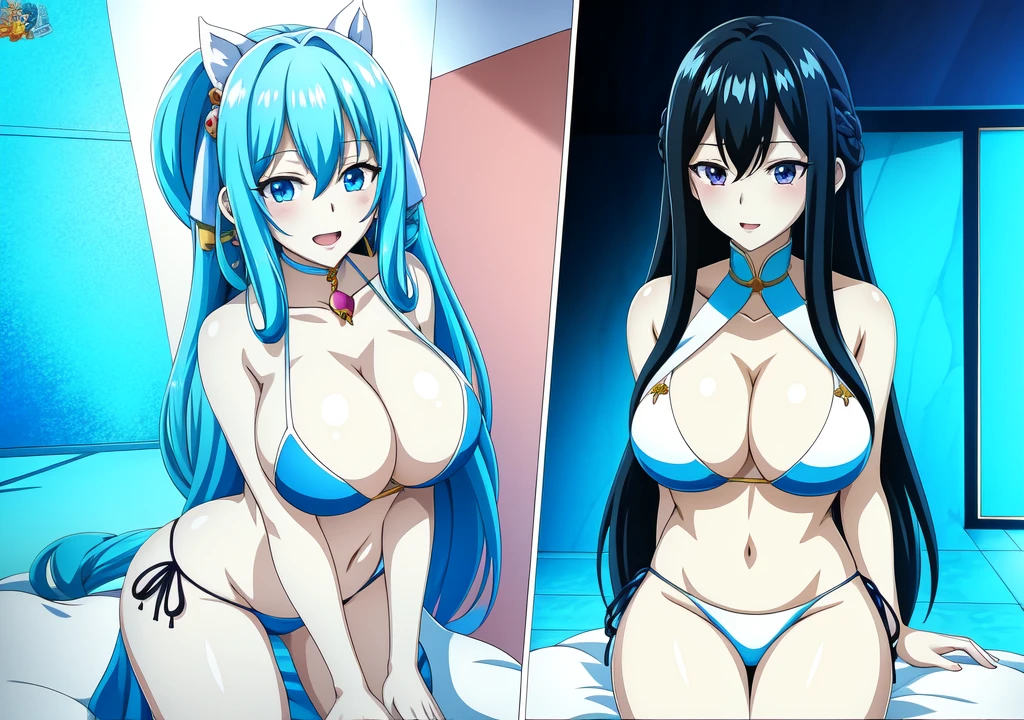 (masterpiece, best quality:1.2), 1girl anime, 独奏, original hair color, original hair style, original dress, without a bikini having sex and cumming, grabbing the breasts, blushed face