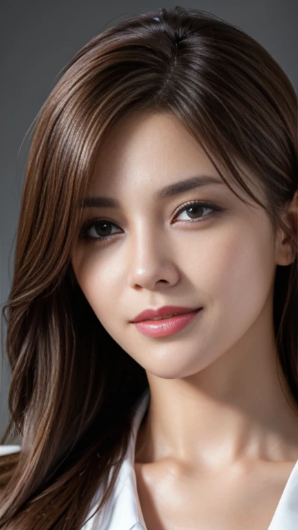 table top, highest quality, realistic, Super detailed, finely, High resolution, 8k wallpaper, 1 beautiful woman,, light brown messy hair, wearing a business suit, sharp focus, perfect dynamic composition, beautiful and detailed eyes, thin hair, Detailed realistic skin texture, smile, close-up portrait, model body shape