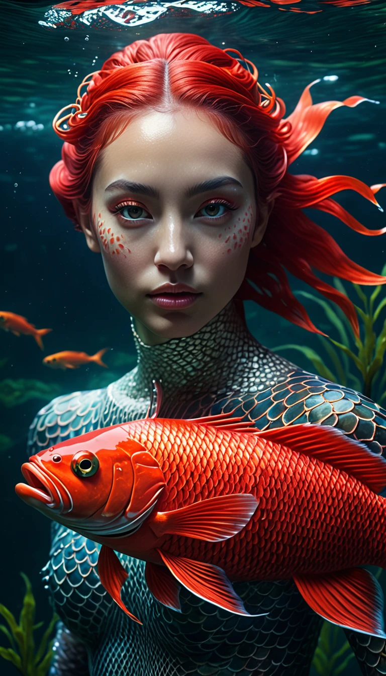 a mythical creature with a human face and red fish body swimming in a river, highly detailed, 4k, 8k, highres, masterpiece, ultra-detailed, realistic, photorealistic, photo-realistic, extremely detailed animal, intricate patterns, realistic lighting, fantastical hybrid creature