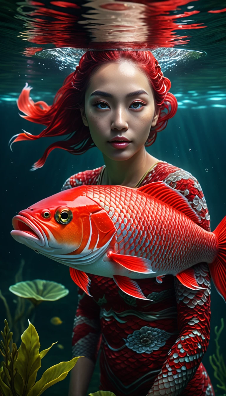 a mythical creature with a human face and red fish body swimming in a river, highly detailed, 4k, 8k, highres, masterpiece, ultra-detailed, realistic, photorealistic, photo-realistic, extremely detailed animal, intricate patterns, realistic lighting, fantastical hybrid creature