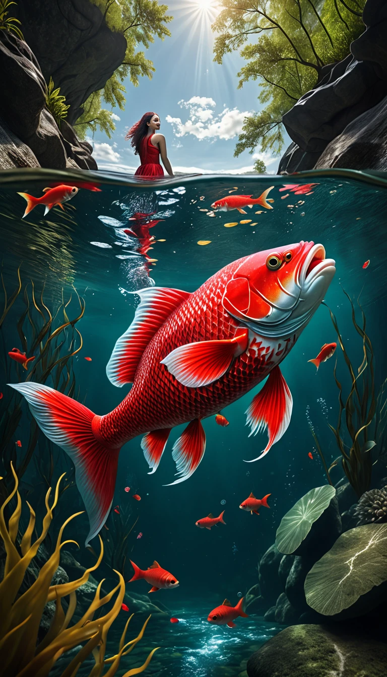 a mythical creature with a human face and red fish body swimming in a river, highly detailed, 4k, 8k, highres, masterpiece, ultra-detailed, realistic, photorealistic, photo-realistic, extremely detailed animal, intricate patterns, realistic lighting, fantastical hybrid creature