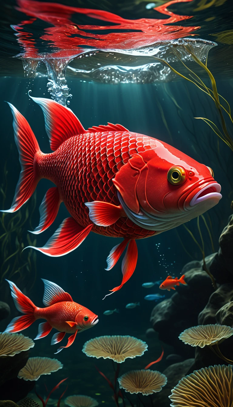a mythical creature with a human face and red fish body swimming in a river, highly detailed, 4k, 8k, highres, masterpiece, ultra-detailed, realistic, photorealistic, photo-realistic, extremely detailed animal, intricate patterns, realistic lighting, fantastical hybrid creature