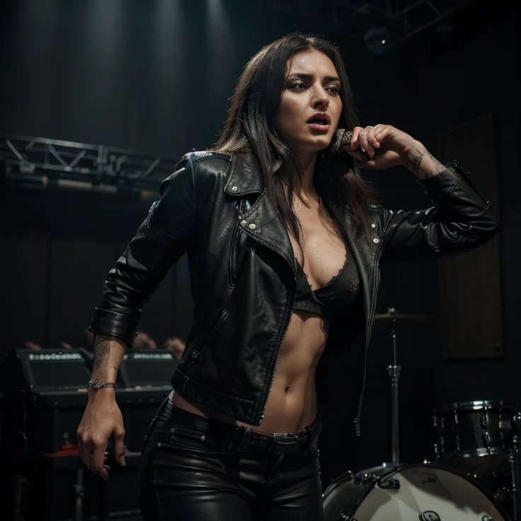A dark-haired woman with a fierce expression, wearing a leather jacket and spiky accessories, performing on stage with a heavy metal band, (best quality,4k,8k,highres,masterpiece:1.2),ultra-detailed,(realistic,photorealistic,photo-realistic:1.37),dark and gritty atmosphere, dramatic lighting, dramatic camera angles, concert venue, intense energy, dynamic movement, powerful guitar riffs, pounding drums, deep bass, moody colors, cinematic composition