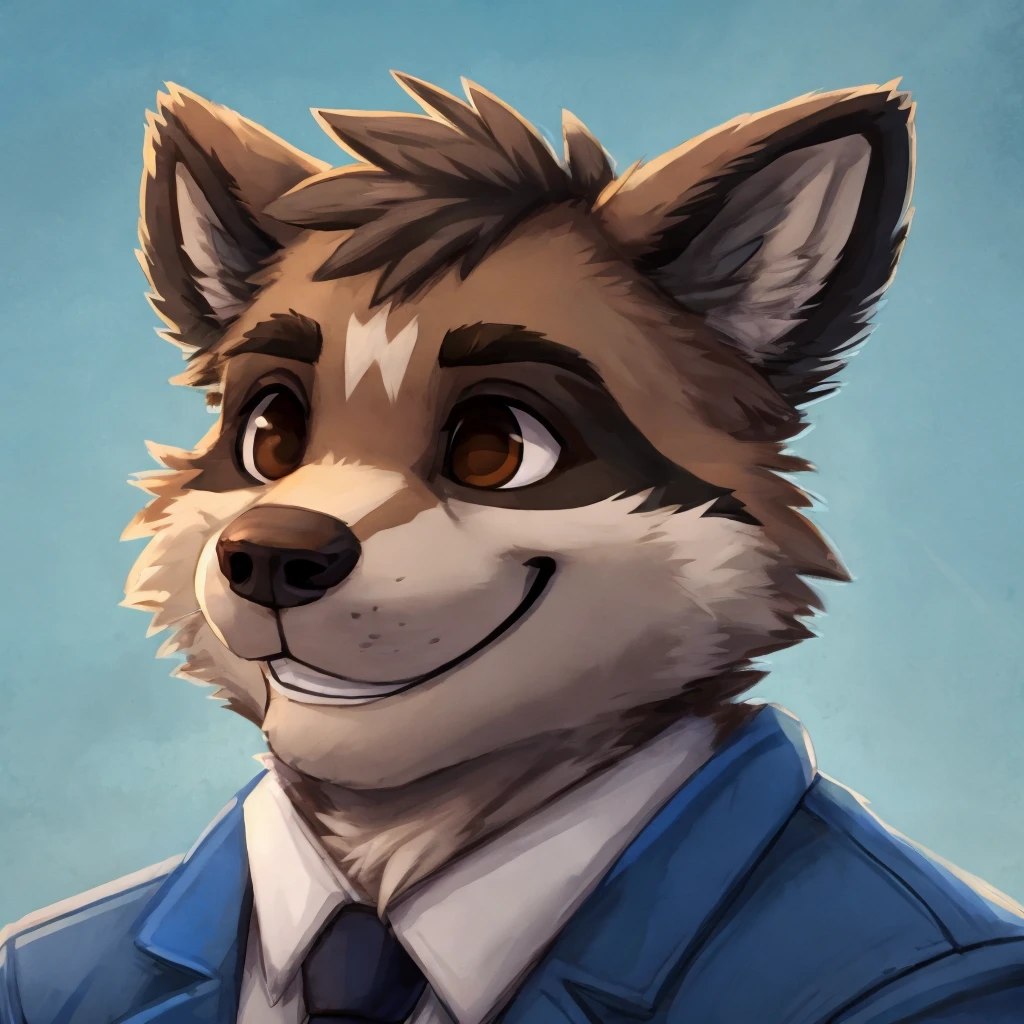 headshot of a grey anthropomorphic raccoon, closed smile, brown eyes, he's dressed with a blue jacket, high quality furry art, high quality fursona ref.