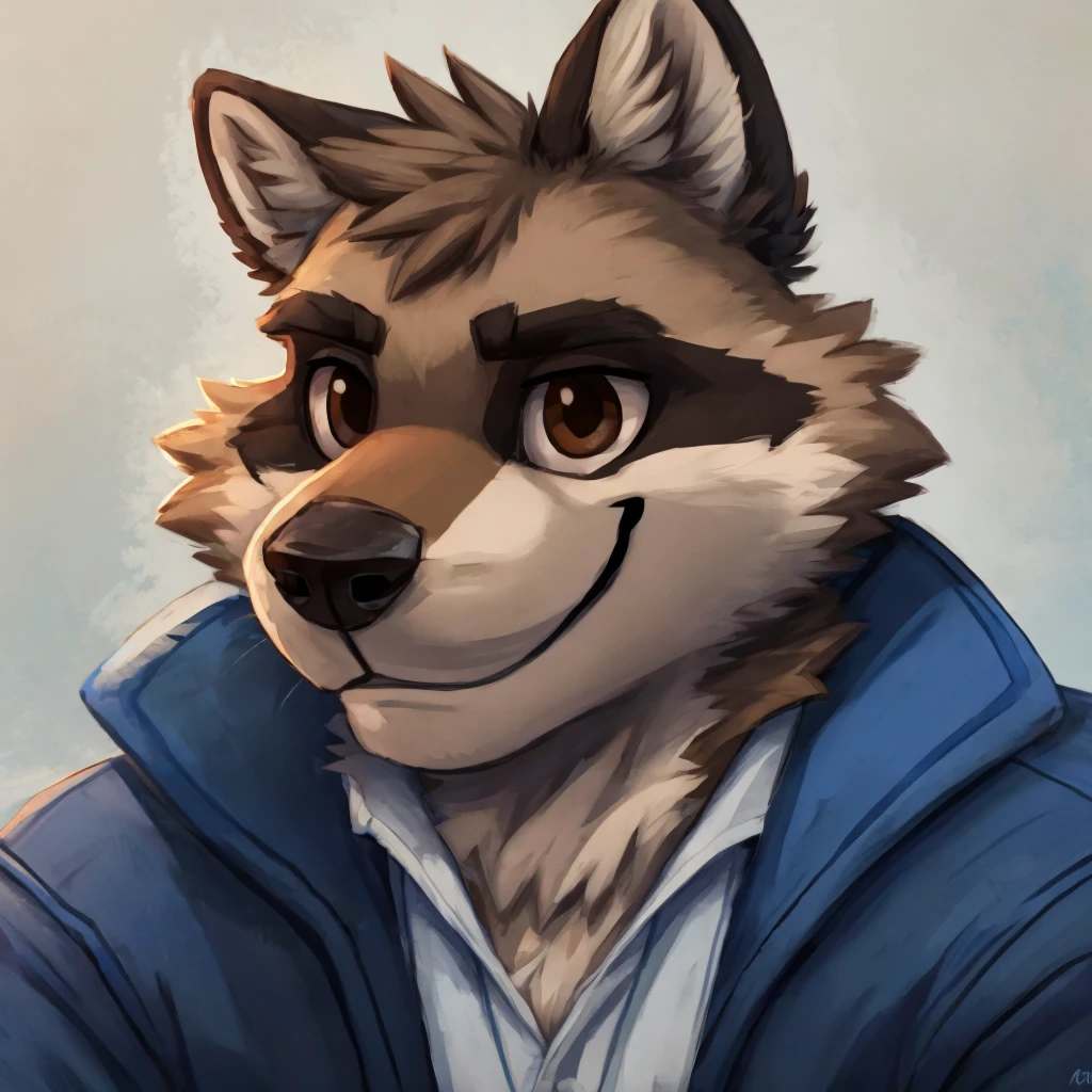 headshot of a grey anthropomorphic raccoon, closed smile, brown eyes, he's dressed with a blue jacket, high quality furry art, high quality fursona ref.