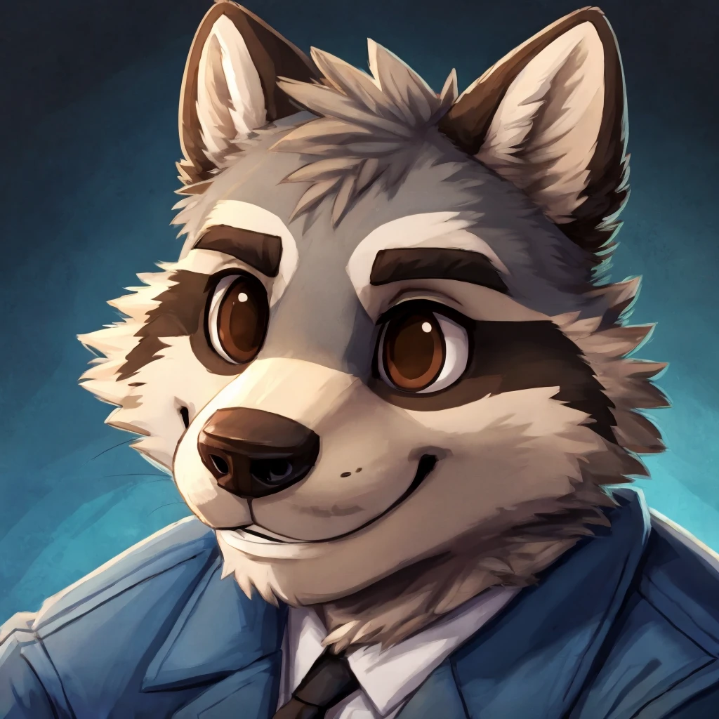 headshot of a grey anthropomorphic raccoon, closed smile, brown eyes, he's dressed with a blue jacket, high quality furry art, high quality fursona ref.