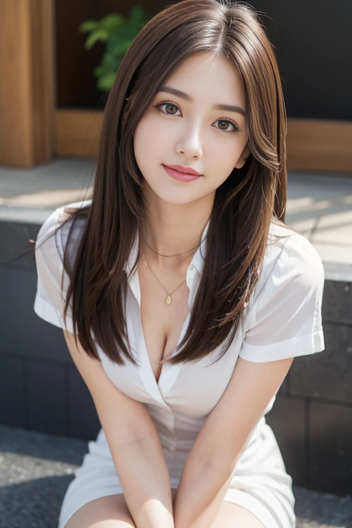 (RAW Photos), (Realistic), (masterpiece), (Highest quality), High resolution, 8K, (Intricate details), (Volumetric Light), Portraiture, woman, 20-year-old, Medium Hair, Straight hair, , Layered Hair, Brown Hair, Very beautiful eyes, Source order, Very thin eyebrows, Very fine skin, Very beautiful mouth, Very nice nose, Cute like an idol, smile, (Thick lips), (Looking at the audience), (White Collar Dress Shirt), Above the knee shot,