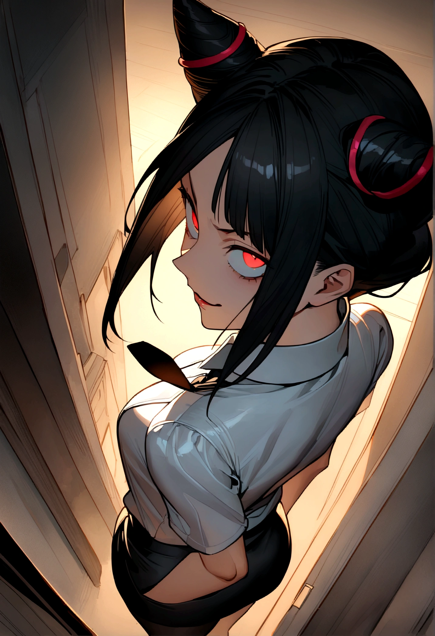 juri han, looking back,hands in pocket,work of art, tight white secretary shirt with black tie, black high waist skirt, short skirt,stocking, black hair, black tightscary sun,office,bangs on the eyes,lighting,horn of hair,view from above,staring overhead,evil smile