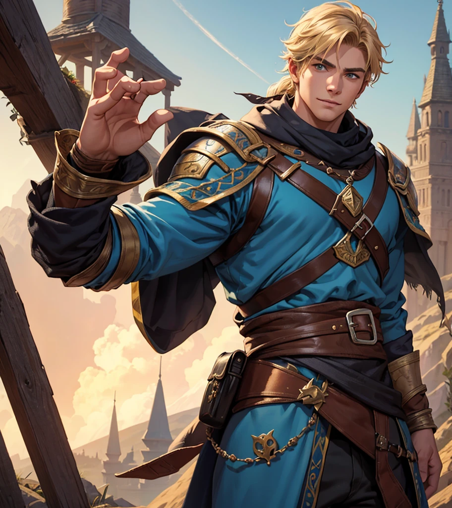 (((Single character image.))) (((1boy))) (((Luxurious hair and sexy smirk.))) (((18 years old.))) (((18yo.))) (((Dressed in medieval fantasy attire.))) Cute guy. Hot guy.  (((Looks like Adonis.))) (((Dressed in medieval fantasy attire.))) (((Intense, sexy stare.))) (((Beautiful shoulder length blond hair.))) Gorgeous male character with a body that women lust for.  (((Lusty smirk.))) Looks like a fun-loving and heroic male adventurer for Dungeons & Dragons. Looks like a very attractive male adventurer for a high fantasy setting. Looks like a hot boyfriend. Looks like a handsome and rugged male adventurer for Dungeons & Dragons. Looks like a handsome male for a medieval fantasy setting. Looks like a Dungeons & Dragons adventurer, very cool and masculine hair style, black clothing, handsome, charming smile, adventurer, athletic build, excellent physique, confident, gorgeous face, gorgeous body,  detailed and intricate, fantasy setting,fantasy art, dungeons & dragons, fantasy adventurer, fantasy NPC, attractive male in his mid 20's, ultra detailed, epic masterpiece, ultra detailed, intricate details, digital art, unreal engine, 8k, ultra HD, centered image award winning, fantasy art concept, digital art, centered image, flirting with viewer, best quality:1.0,hyperealistic:1.0,photorealistic:1.0,madly detailed CG unity 8k wallpaper:1.0,masterpiece:1.3,madly detailed photo:1.2, hyper-realistic lifelike texture:1.4, picture-perfect:1.0,8k, HQ,best quality:1.0,