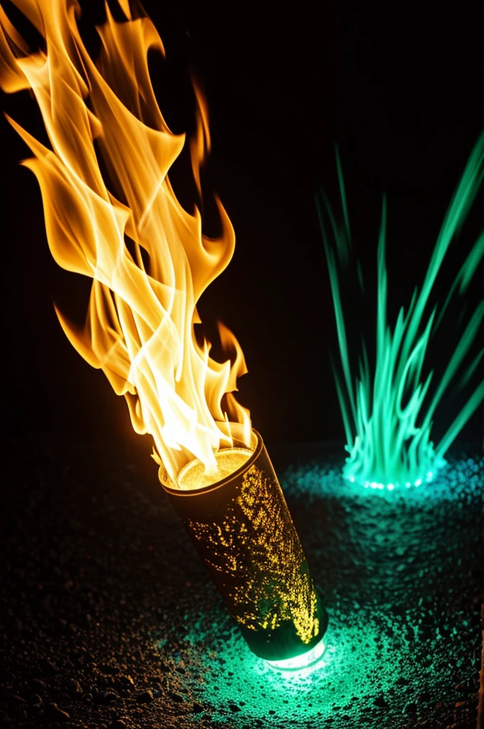 Create a torch colored with dark green and gold fire like lava color for school purposes