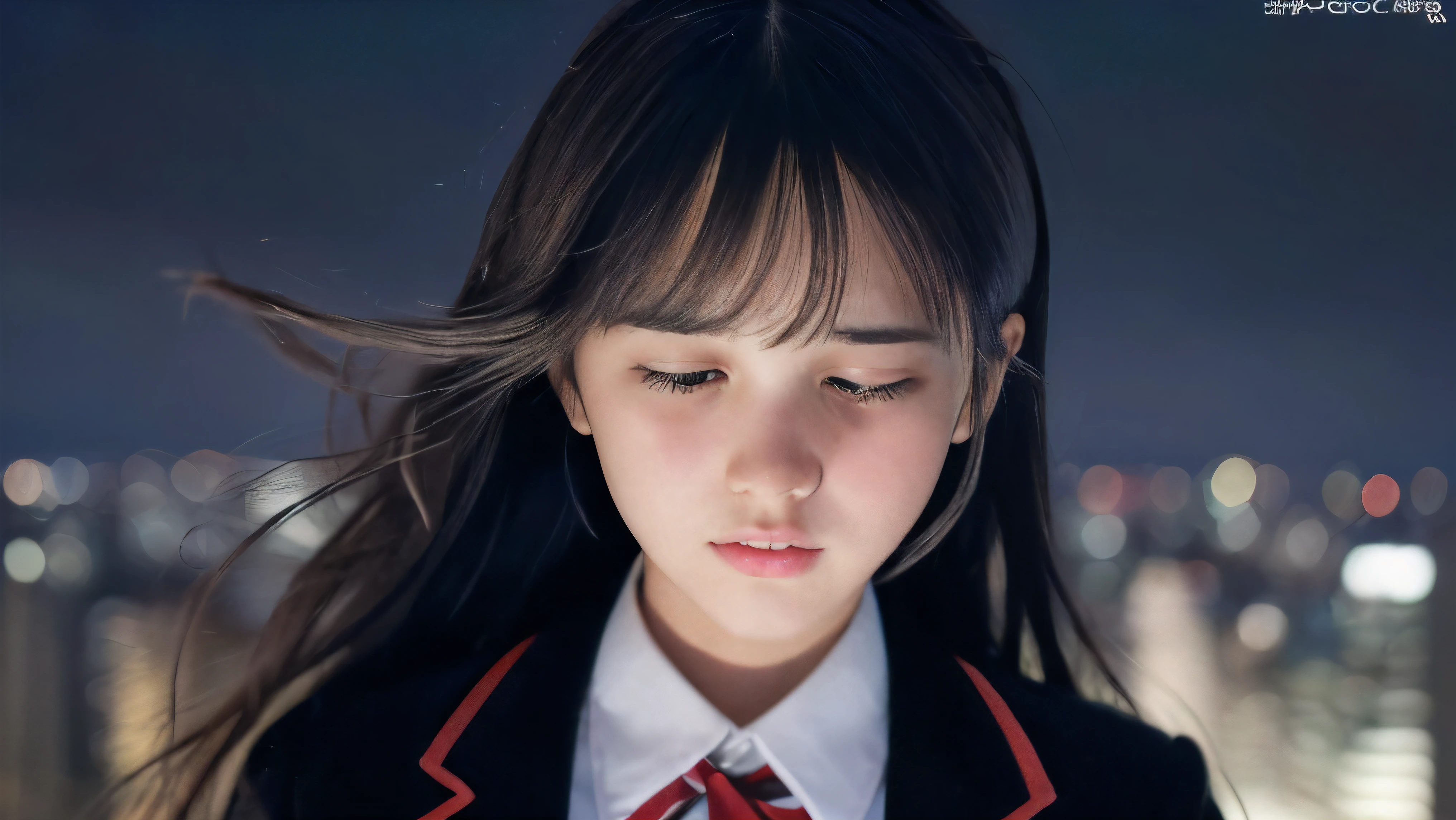 (Close up face shot of one slender small breasts two side up black medium hair bangs girl in long sleeves black school uniform:1.5)、(One girl is face down and with crying face from the rooftop of the building and her hair is blowing by the winds at midnight:1.5)、(Many car head lights are visible at skyscraper city landscape in midnight:1.5)、(8k ultra detailed master piece:1.5)、(perfect anatomy:1.5)、(Photorealistic stick:1.5)、(Raw photo:1.3)、(highest quality:1.5)、(High resolution:1.3)、(Delicate and beautiful perfect face:1.3)、(Delicate and beautiful eye air skin:1.3)、(Real Human Skin:1.3)、((thin legs))