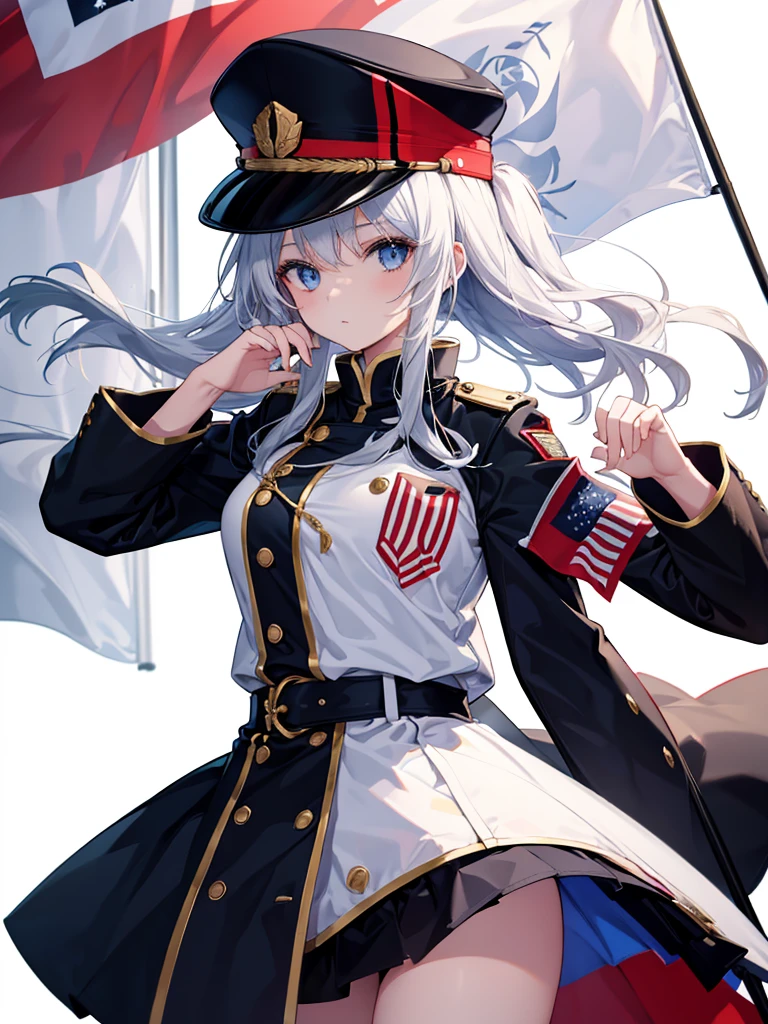 A beautiful girl skillfully manipulates the marching band flags、hat、White background、Dynamic Flag Background、The flag is black with Kinu's flower embroidery, and it looks really cool.、whole body、Marching Band Uniforms、Knee-high boots、whole body、detailed、