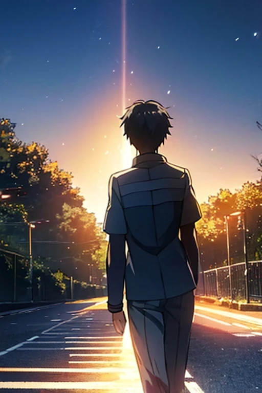 Anime Style。The protagonist walks alone along a quiet road at night。He gazes anxiously into the distance,、The warm memories in his heart light his path.。In the Dark、A ray of light shows him the way。 