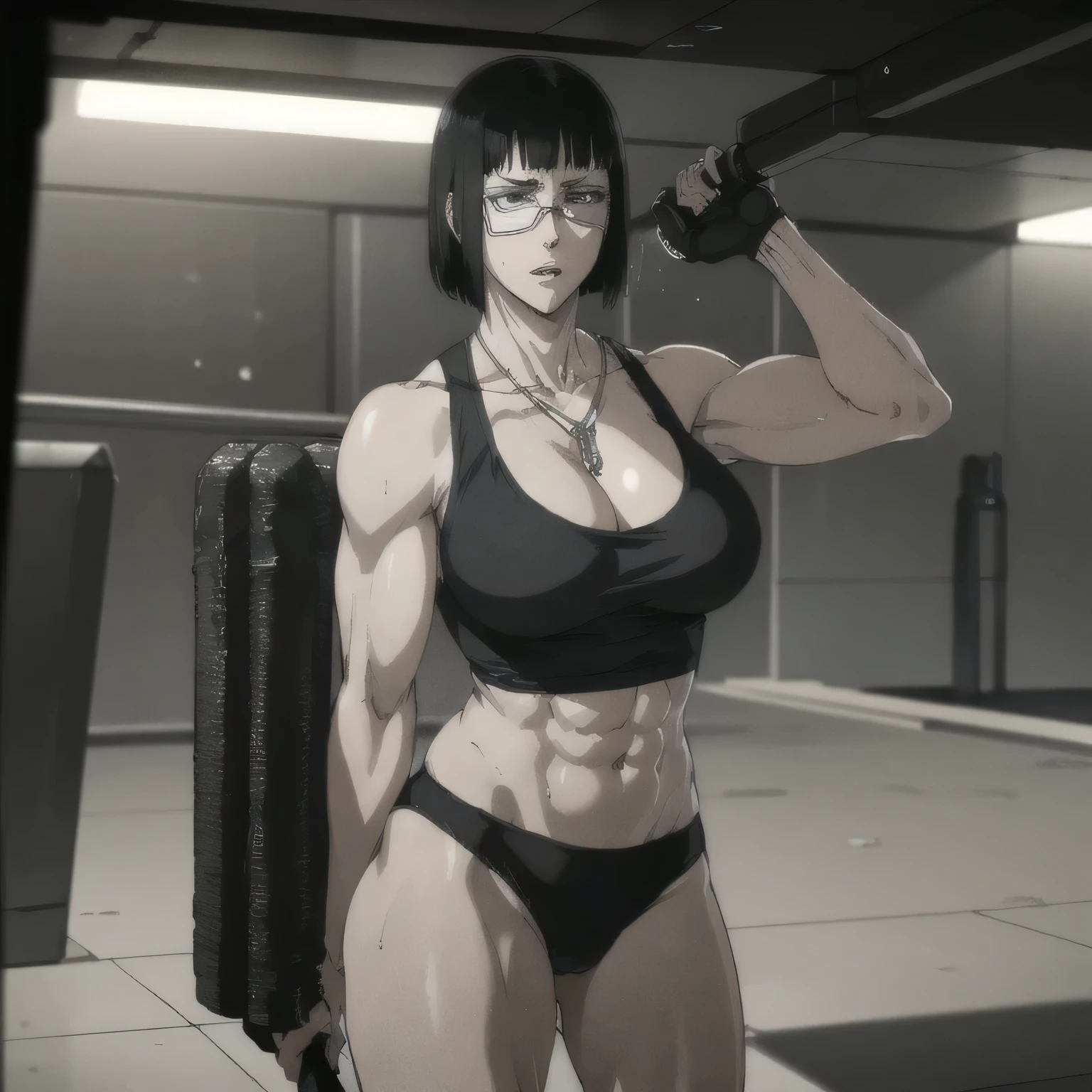 (best quality,ultra-detailed,realistic:1.37),musclaur badass girl with sculpted body with preview her musclaur body and six-pack, full review of the female character's face and body, intense expression, strong and confident posture, studio lighting, vivid colors, physiologically-based rendering, grungy texture, rugged background, dust particles in the air, commanding presence, professional, powerful, gritty aesthetics,,Valmet،short hair,necklace,Light reflection on shoulders,Sweat in muscles،،wearing black sport  underwear and midriff tank top, tattoos on shoulders،Fat free body,Hand veins,drink bottle water, Towel on valmet neck,valmet with a penis,penis growth inside underwear, 