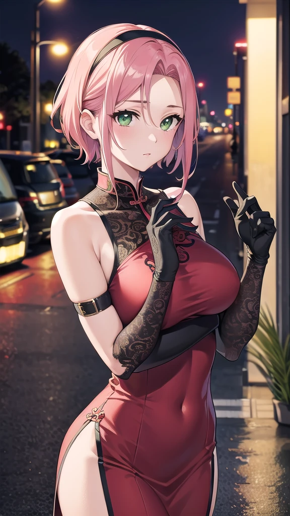 sakuraharuno, sakura haruno, short hair, (green eyes:1.5), pink hair, headband, hair intakes, forehead protector, parted bangs, (medium :1.4),
BREAK shirt,lace gloves,chinese dress,sleeveless, black gloves, red dress,lace bra, cleavege,stockings,
BREAK looking at viewer,
BREAK outdoors, city, night, in street, wet road, lights, reflections,
BREAK (masterpiece:1.2), best quality, high resolution, unity 8k wallpaper, (illustration:0.8), (beautiful detailed eyes:1.6), extremely detailed face, perfect lighting, extremely detailed CG, (perfect hands, perfect anatomy), shot from behind, long legs.