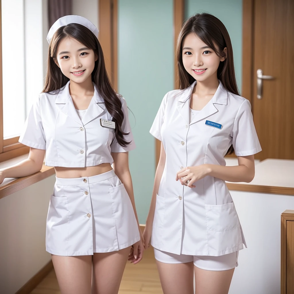Two beautiful women、 、Upper Body、Waist、thigh、White panties、Standing pose、Lady、80mm lens、Highest quality、Small breasts、Small Breasts、Are thin、Luxury、smile、Reception、Nurse uniform、Two Nurses