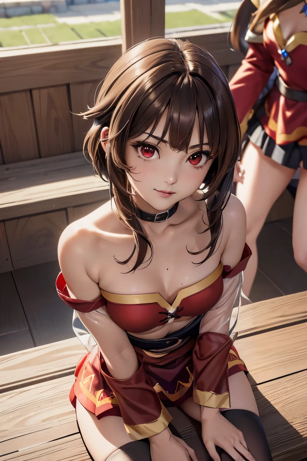 ((ultra quality)), ((Masterpiece)), ((8K)), ((Megumin)), ((brown hair)), (Beautiful face), (), charming, ((curious facial expression)), looks at the camera with a slight smile, eyes closed a little, (Skin color white), (White skin), glare on the body, ((detailed beautiful female eyes)), ((Red eyes)), (beautiful female lips), (dark eyeliner), (beautiful female hands), ((Ideal female figure)), Ideal female body, beautiful waist, beautiful hips, small breasts, (cloth: Megumin costume), ((subtle and beautiful)), sits seductively (), background: fantasy guild of heroes, ((depth of field)), ((high quality clear image)), (clear details), ((High detail)), realistically, ((Clear Focus)), anime.