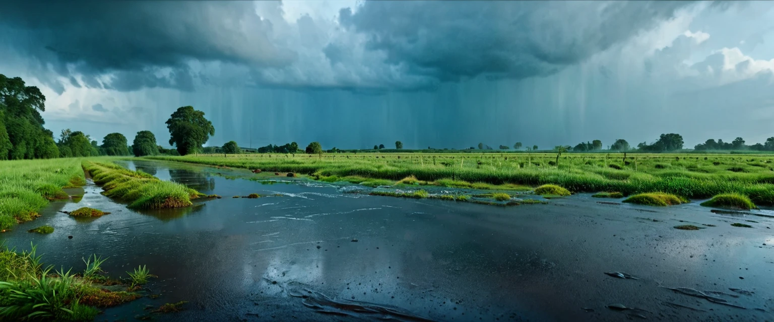 river side , blue sky in background , heavy rain , ultrawide shot , rain drops , puddles , cinematic ,