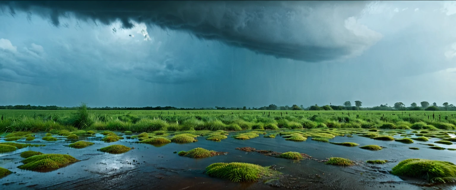  river side , blue sky in background , heavy rain , ultrawide shot , rain drops , puddles , cinematic ,