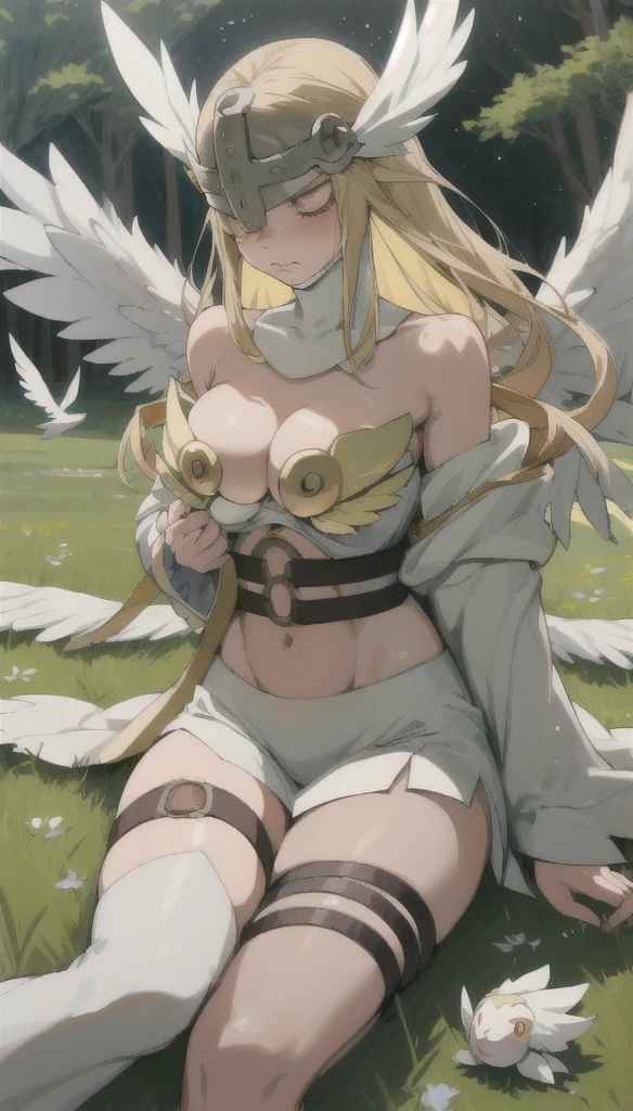 masterpiece, Highest quality, Outdoor, Field, Grass, forest,
Angewomon, One girl, alone, Lie in, behind, Long Hair, chest, Blonde, large chest, huge chest, ribbon, belly button, chestの谷間, Bare shoulders, Mouth closed, wing, O-ring, belt, Thigh straps, Helmet, head wing, feathered wing, In-person audience, angel wing, white wing, Asymmetrical clothing, eyes covered, multiple wing, Digimon (Living things), winged Helmet, 自分のchestに手を当てる,